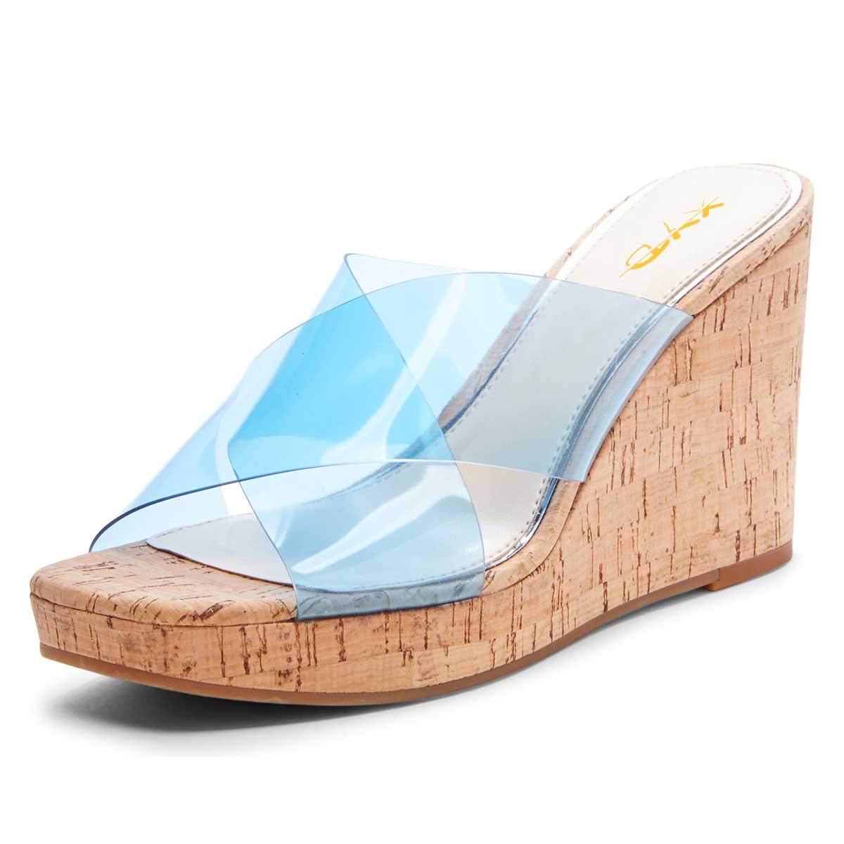 Blue & Clear PVC Open Toe Wedge Heel Strappy Platform Mules Nicepairs