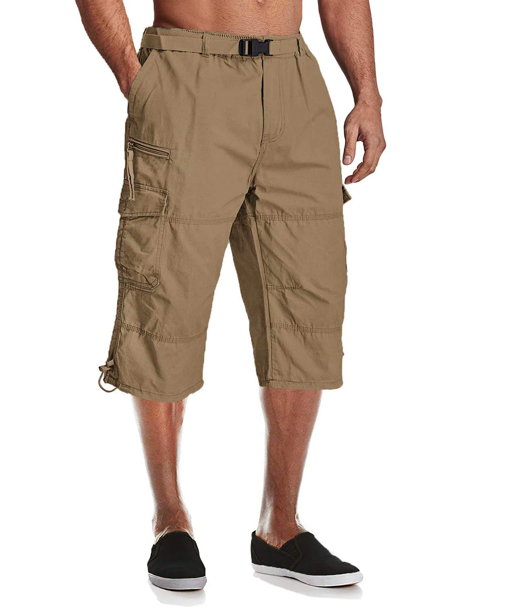 Men Summer Casual 3/4 Long Cargo Twill Cotton Elastic Waist Multiple Pockets Baggy Comfortable Capris Trousers