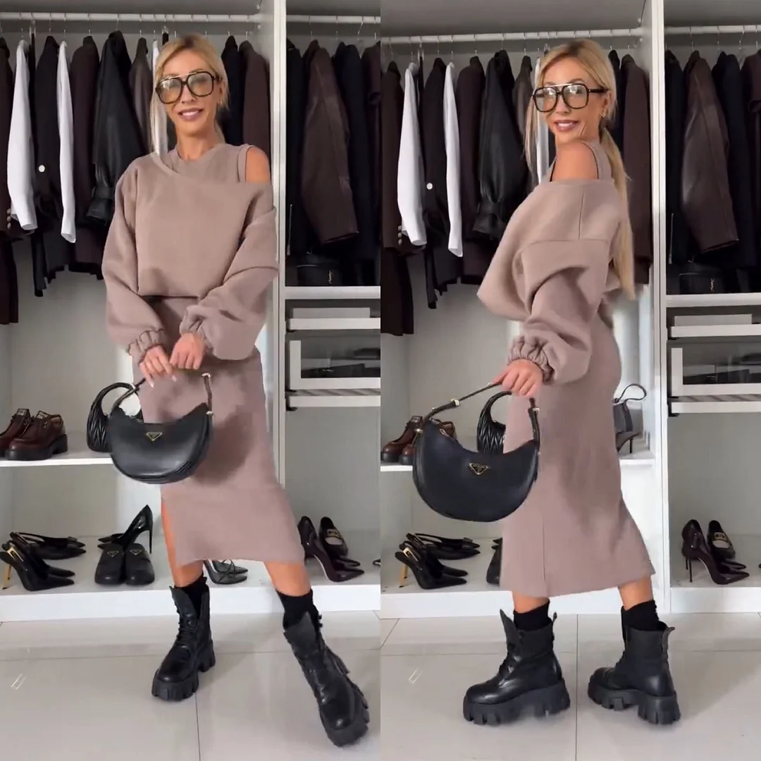 One-Shoulder Batwing Sleeve Crop Hoodie & Long Skirt Set