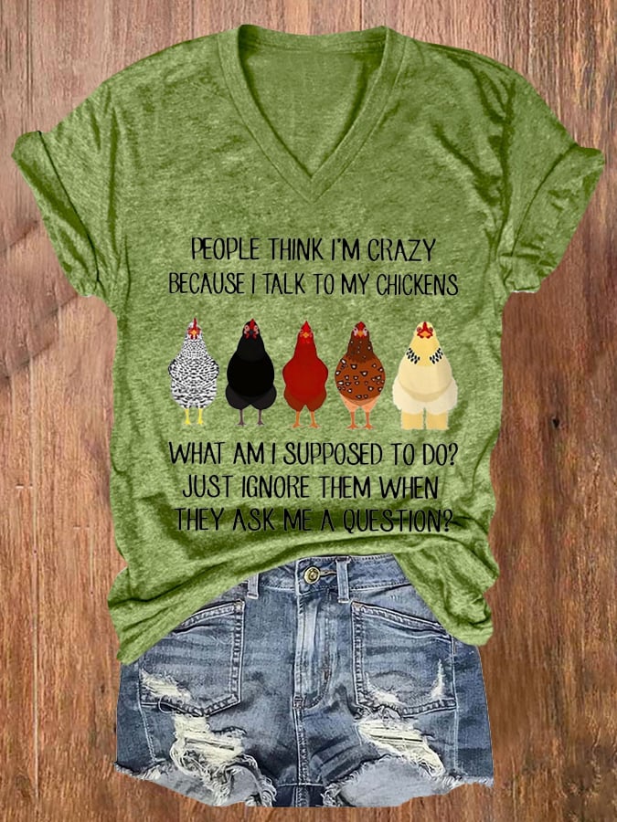 Women's Talk To My Chickens Print V-Neck Casual T-Shirt