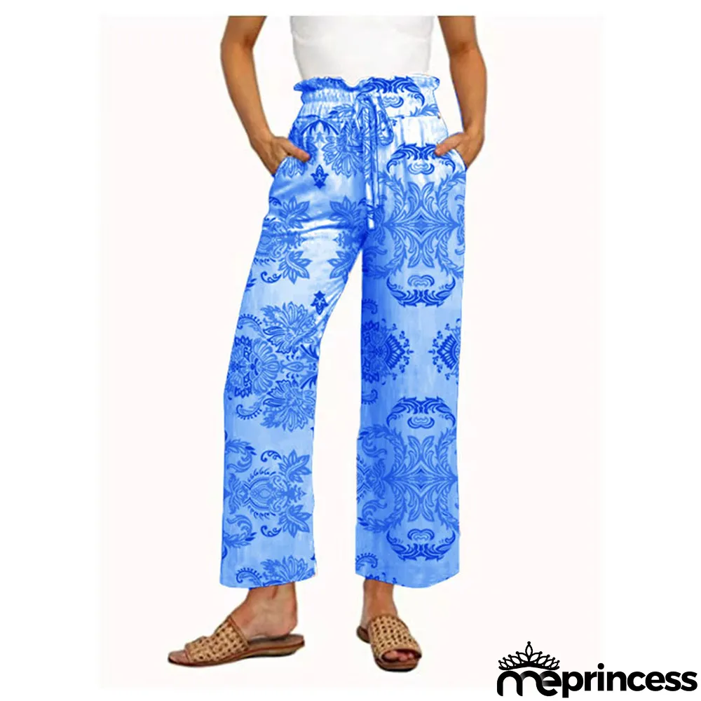 Women Casual Pants Printed Lace-Up Wide Leg Pants