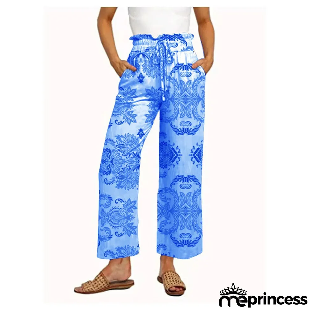 Women Casual Pants Printed Lace-Up Wide Leg Pants