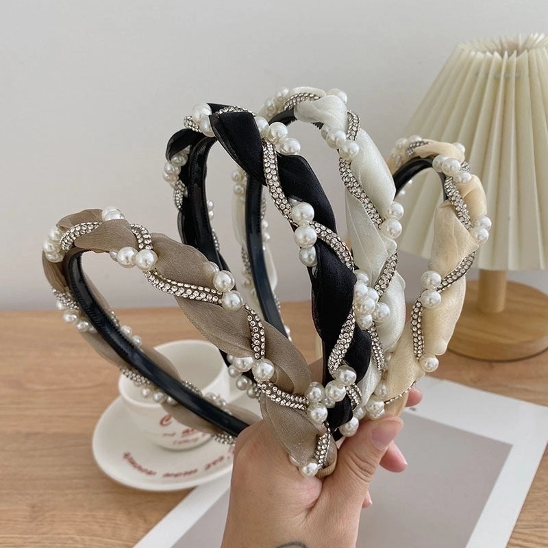 Women's Fashion C Shape Cloth Handmade Artificial Pearls Rhinestones Hair Band
