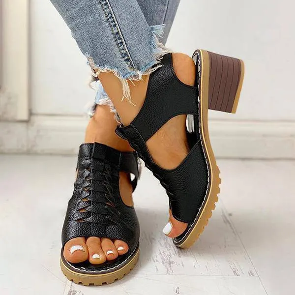 Libiyi Peep Toe Cutout Zipper Chunky Heeled Sandals （get free shipping）