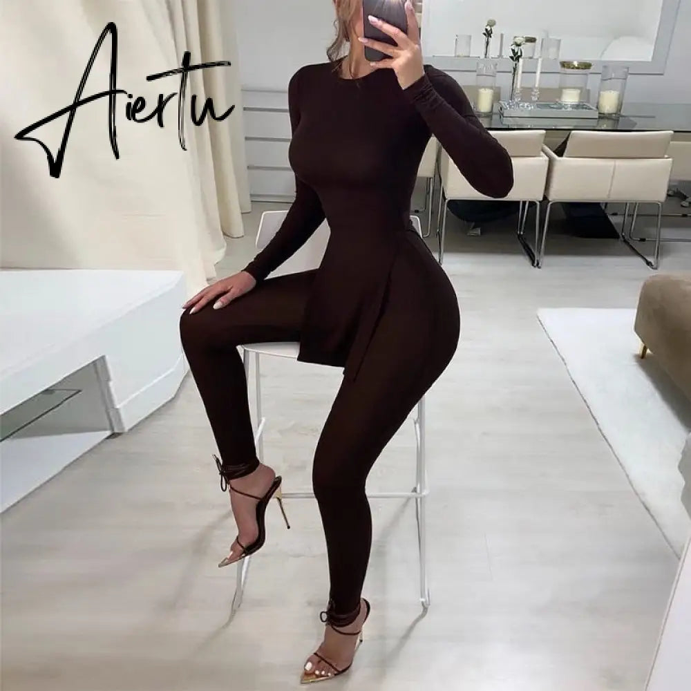 Aiertu Long Sleeve O-Neck Skinny Stretchy Solid Print Jumpsuit Summer Women Fashion Streetwear Romper Aiertu