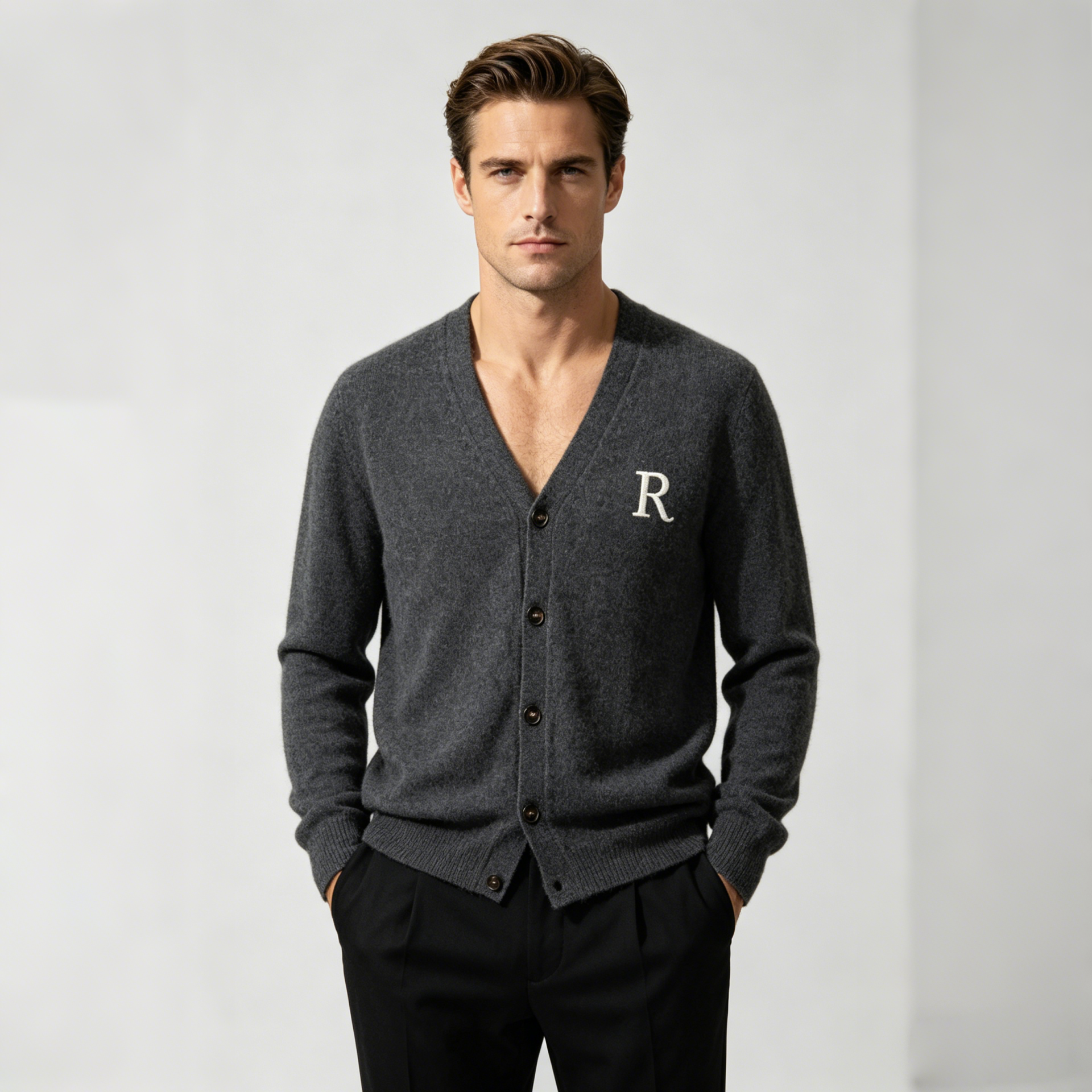 Monogrammed Men's V-Neck Cashmere Cardigan | Button-Front Style REAL SILK LIFE