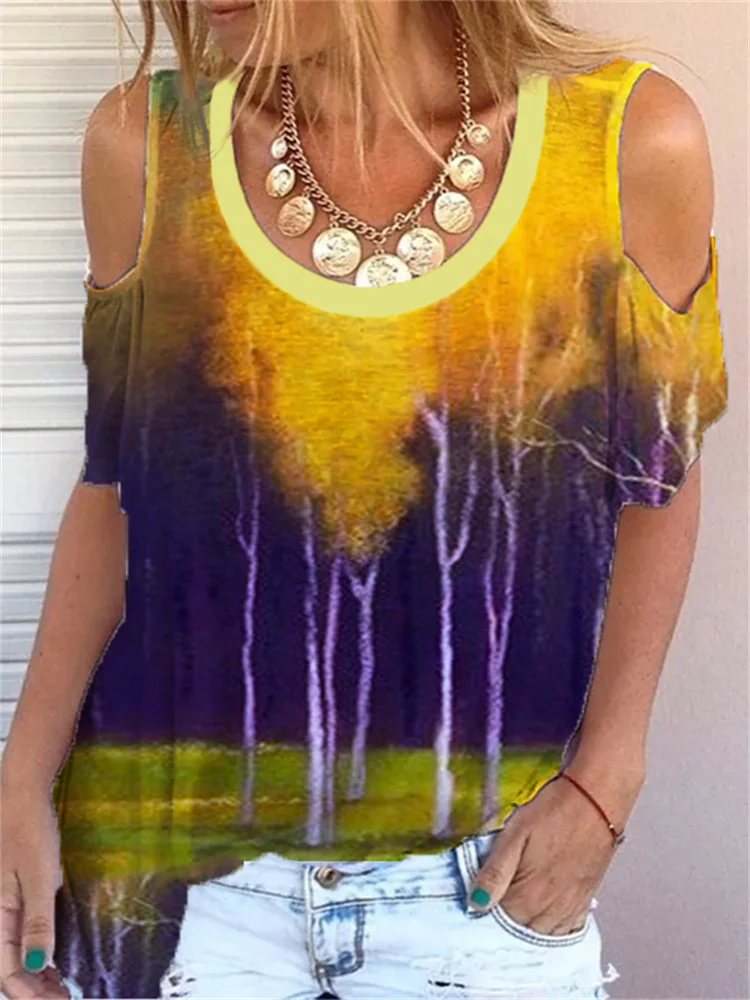 Bright Sky And Tree Print Hollow Shoulder T Shirt