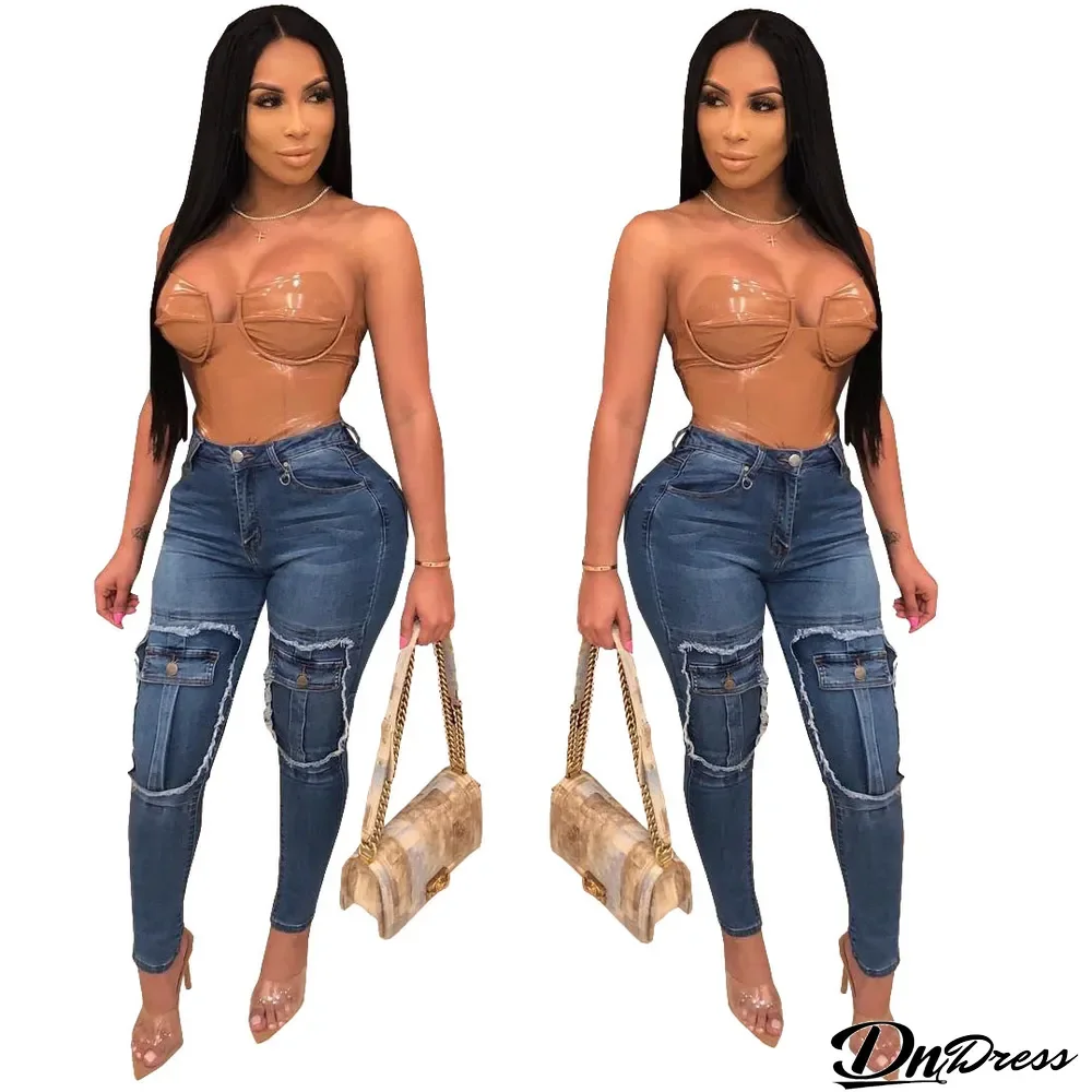 Fashion Fake Pocket High Waist Stretch Slim Skinny Pants