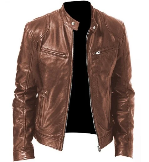 Uveng Uveng Business Gentleman Warm Zipper Open Shirt Pocket Decoration PU Leather Jacket Collar Collar Zipper Leather Jacket