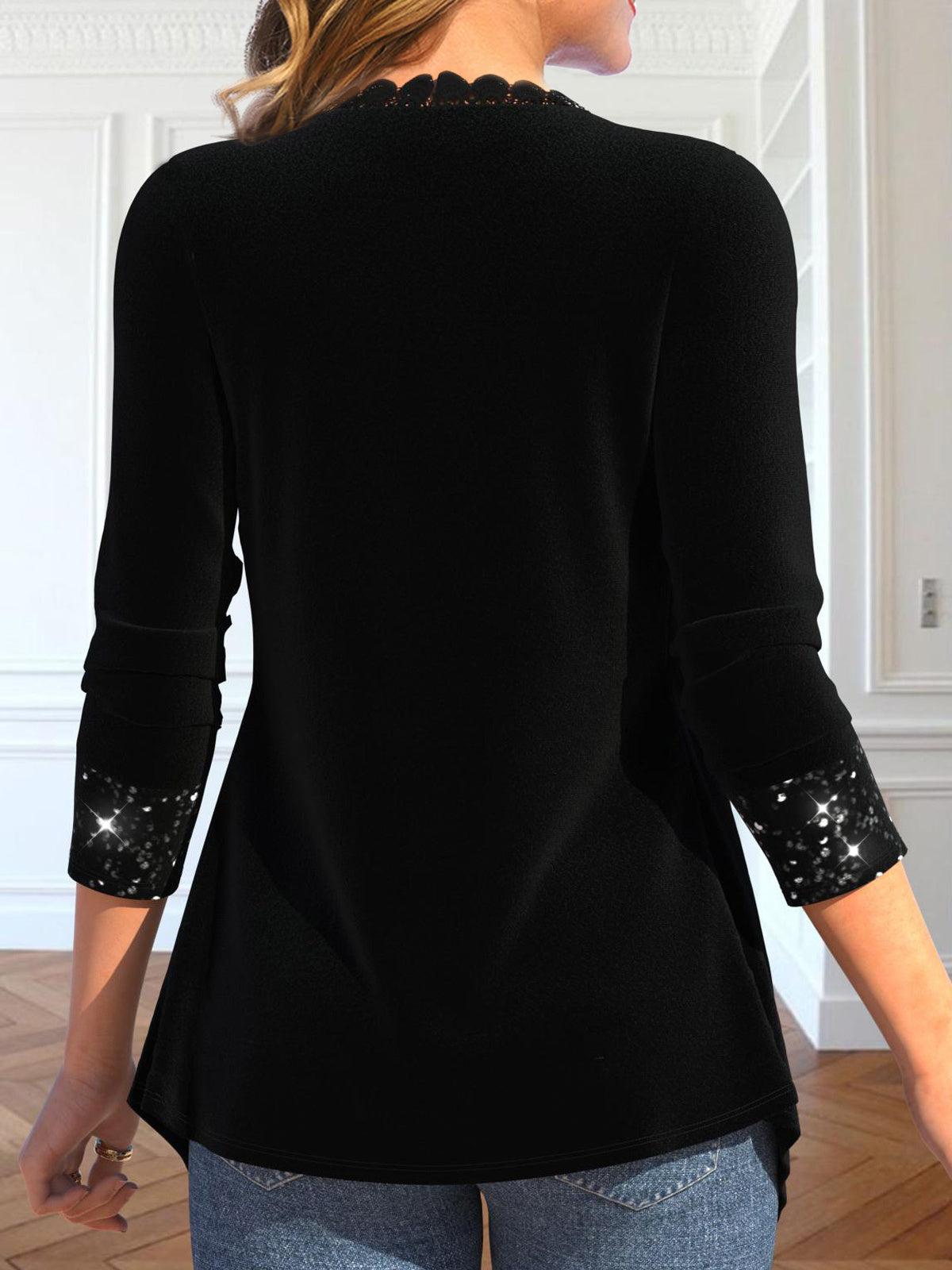 Women Long Sleeve Square Collar Solid Lace Fake 2in1 Tops