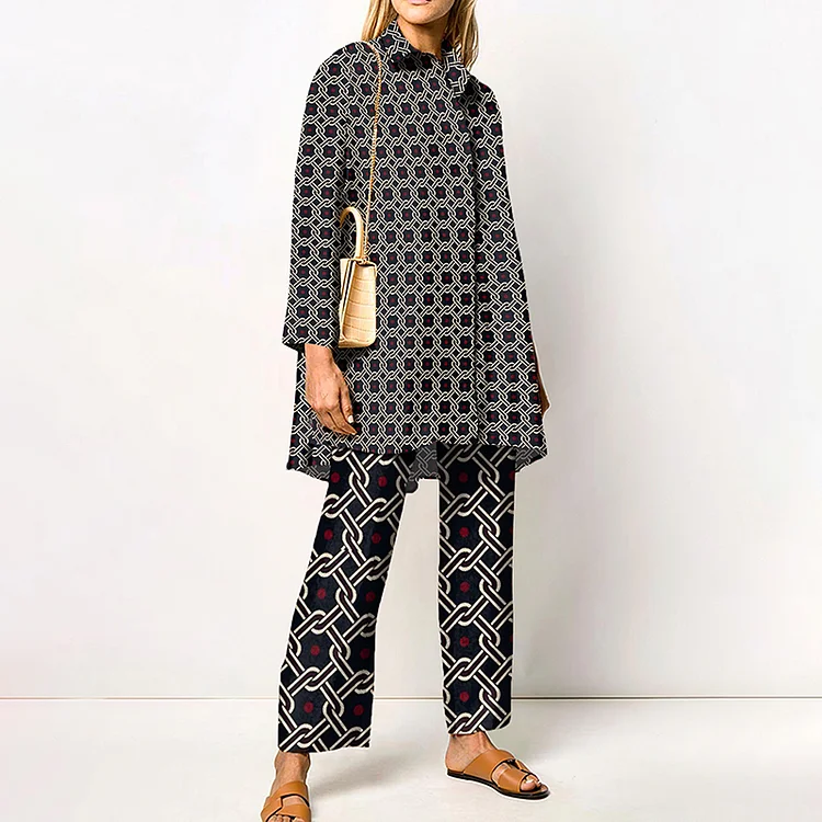 Lapel Geometric Chain Print Two Piece Set