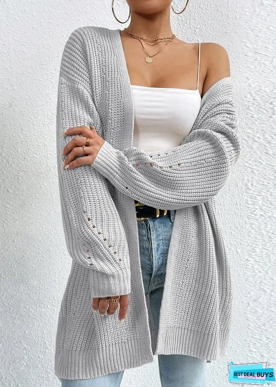 Women Apricot V Neck Loose Mid Knit Cardigan Fall