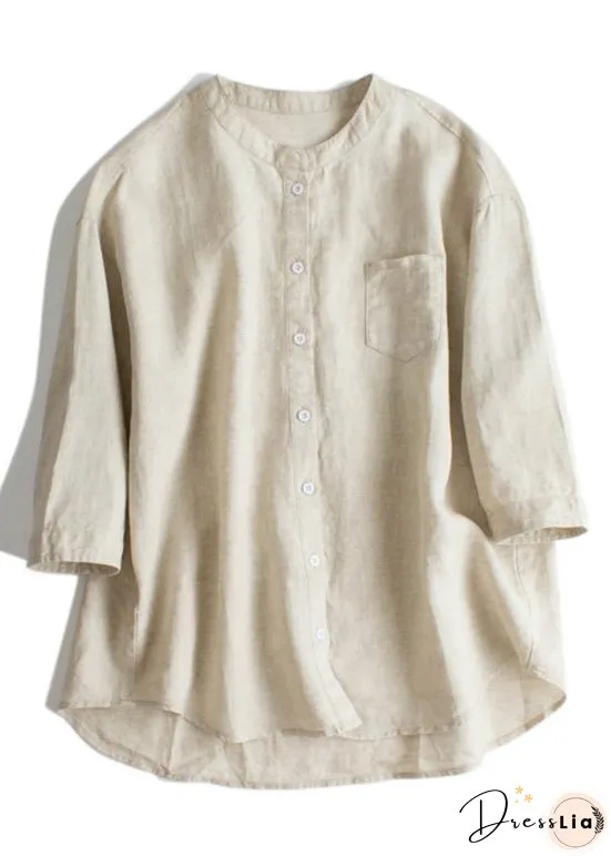 Simple Yellow O Neck Button Linen Blouses Bracelet Sleeve