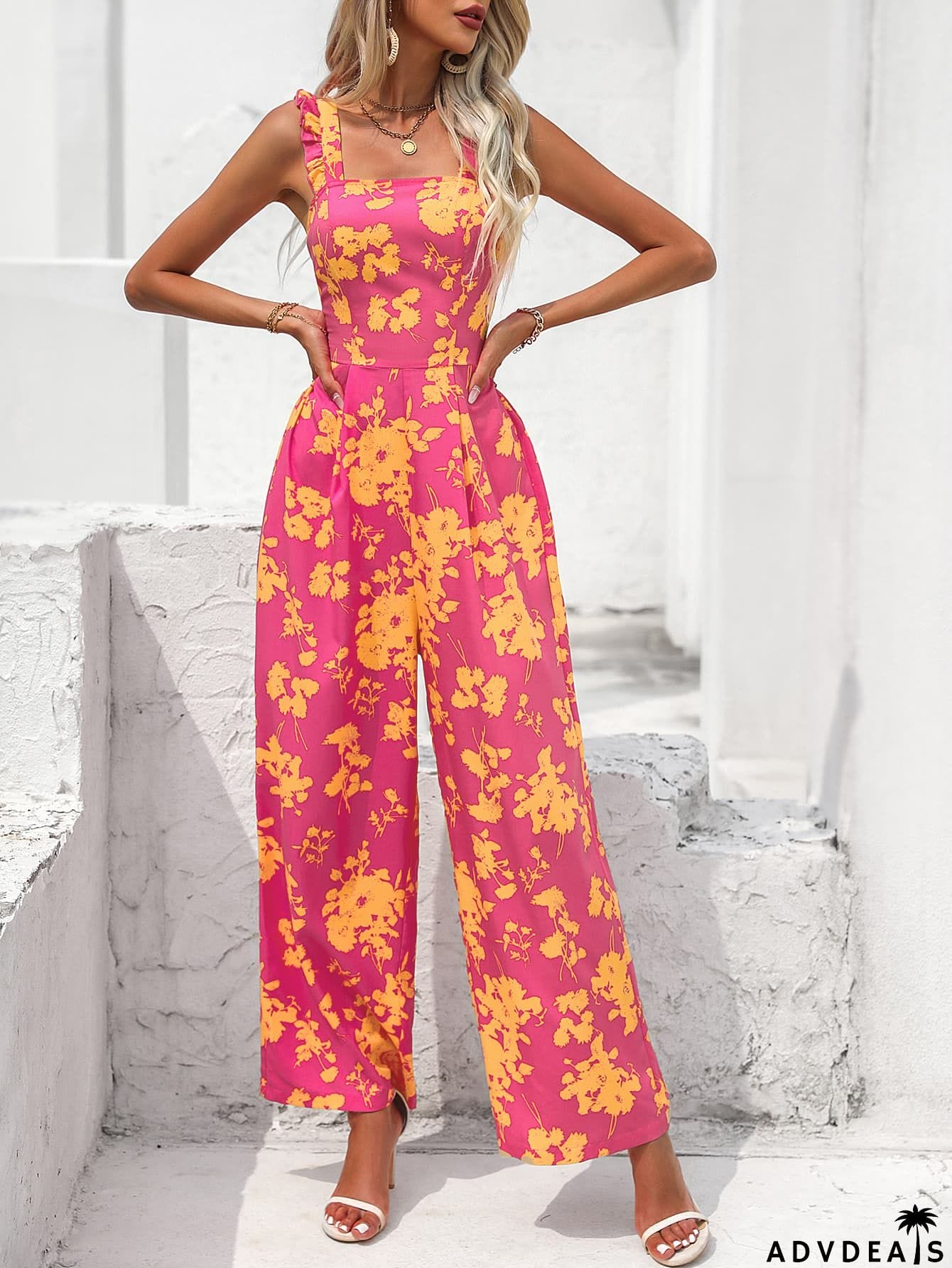 Floral Square Neck Cutout Tie Back Jumpsuit