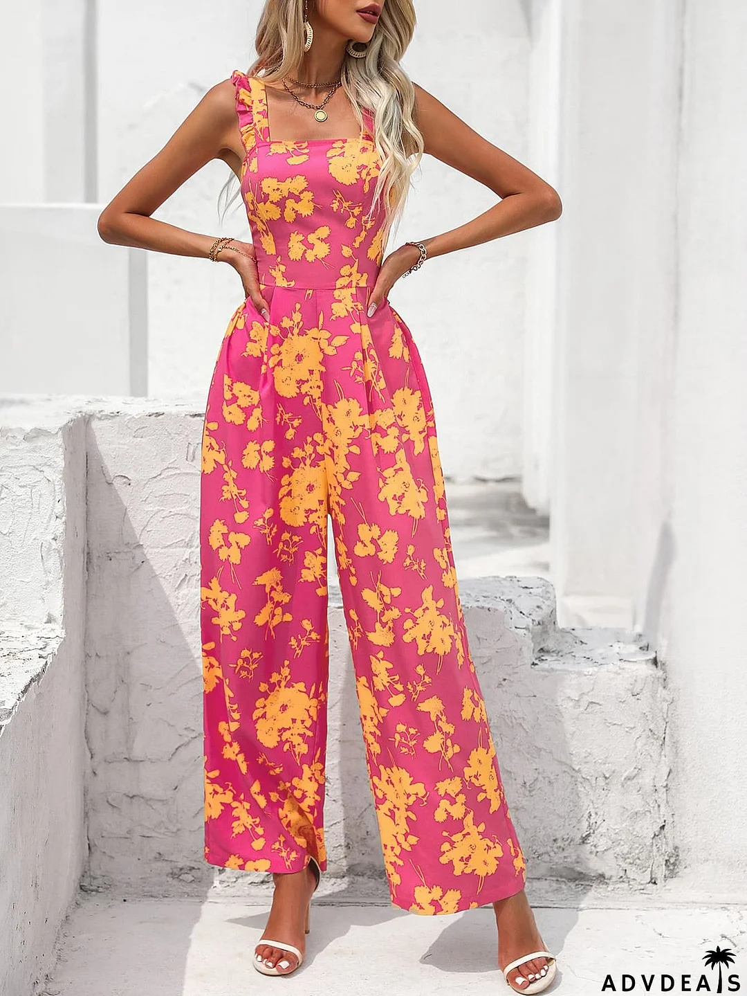 Floral Square Neck Cutout Tie Back Jumpsuit