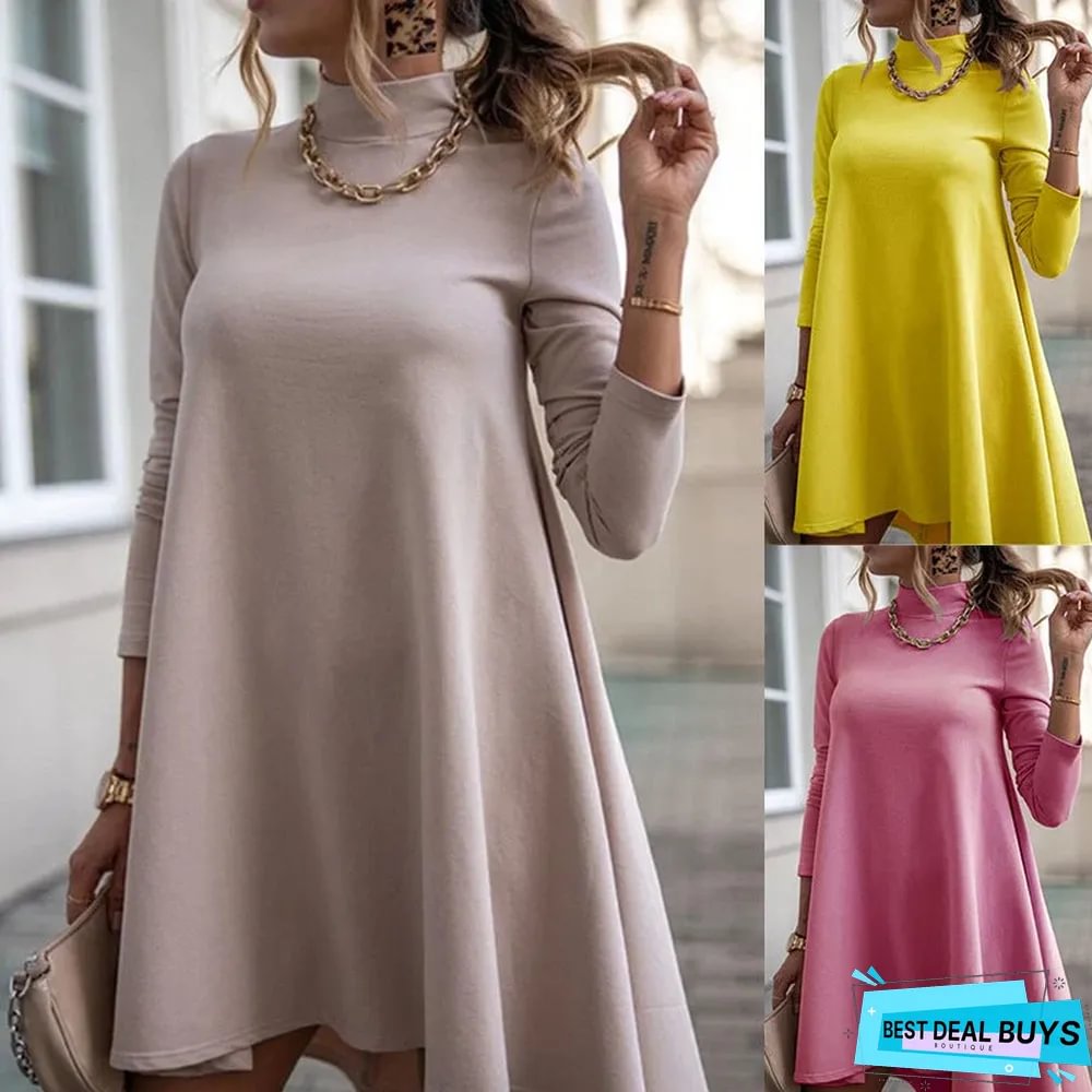 Solid Color Long Sleeve Turtleneck Loose Dress