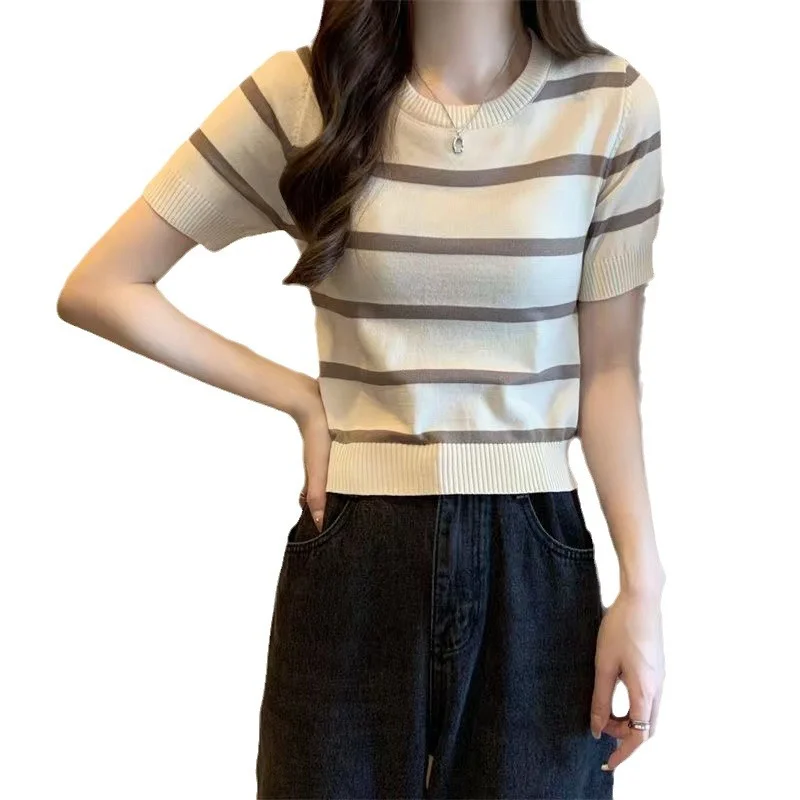 Uveng Uveng Striped Short-Sleeved Knitted Shirt 2024 Summer New Design Sense Small Loose Short Top In Tide