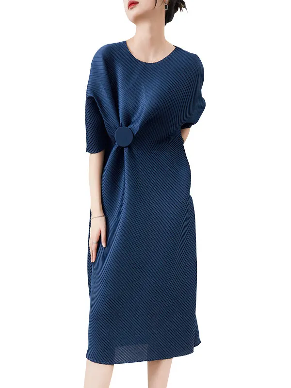 Pleated Solid Color Tied Waist A-Line Loose Round-Neck Midi Dresses