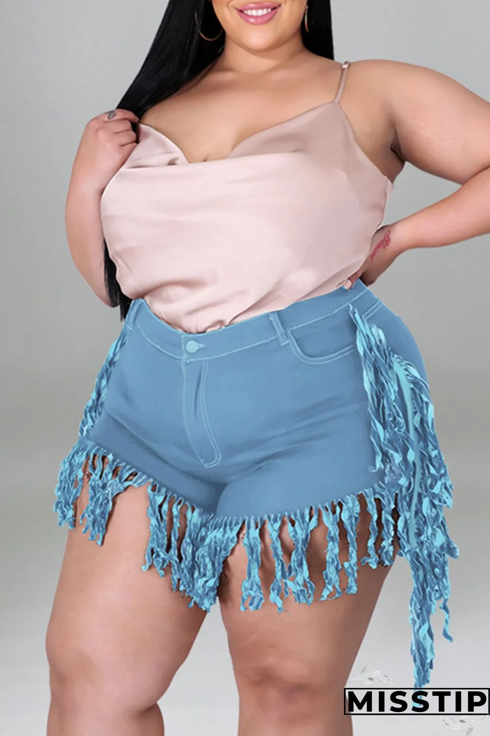 Black Casual Street Solid Tassel Patchwork Plus Size Jeans