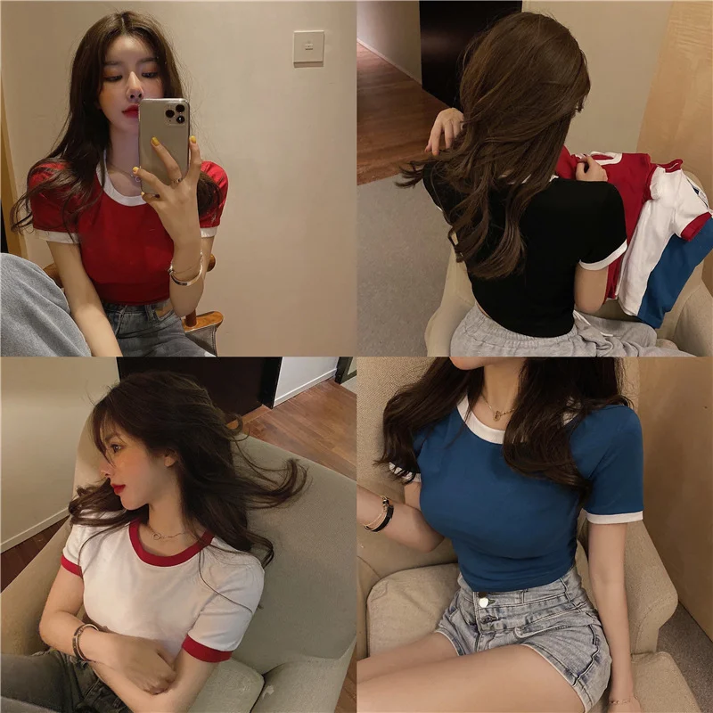 Brownm Brownm Summer Solid Color Korea New Short-Sleeved T-Shirt Women Slim Solid Color Women's Top Clothes