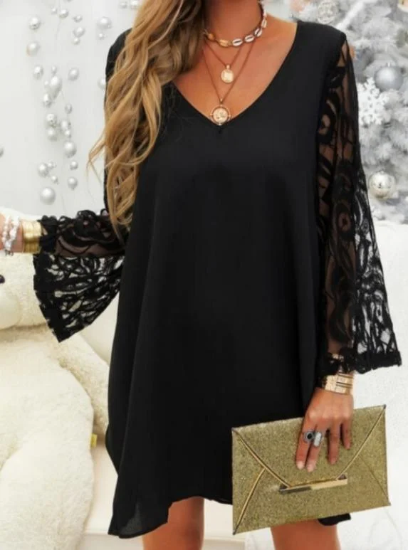 Lace Sleeve Loose Waist Casual Dress