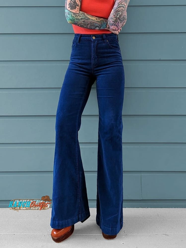 Women’s Vintage Corduroy Flared Wide Leg Pants Navy Blue / S