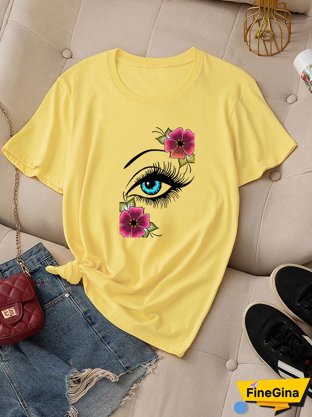 Casual Summer Daily T-shirt Women 100% Cotton Short Sleeve Rose Eye Print Female Graphic Fashion T Shirt Ladies O-Neck Tees Tops