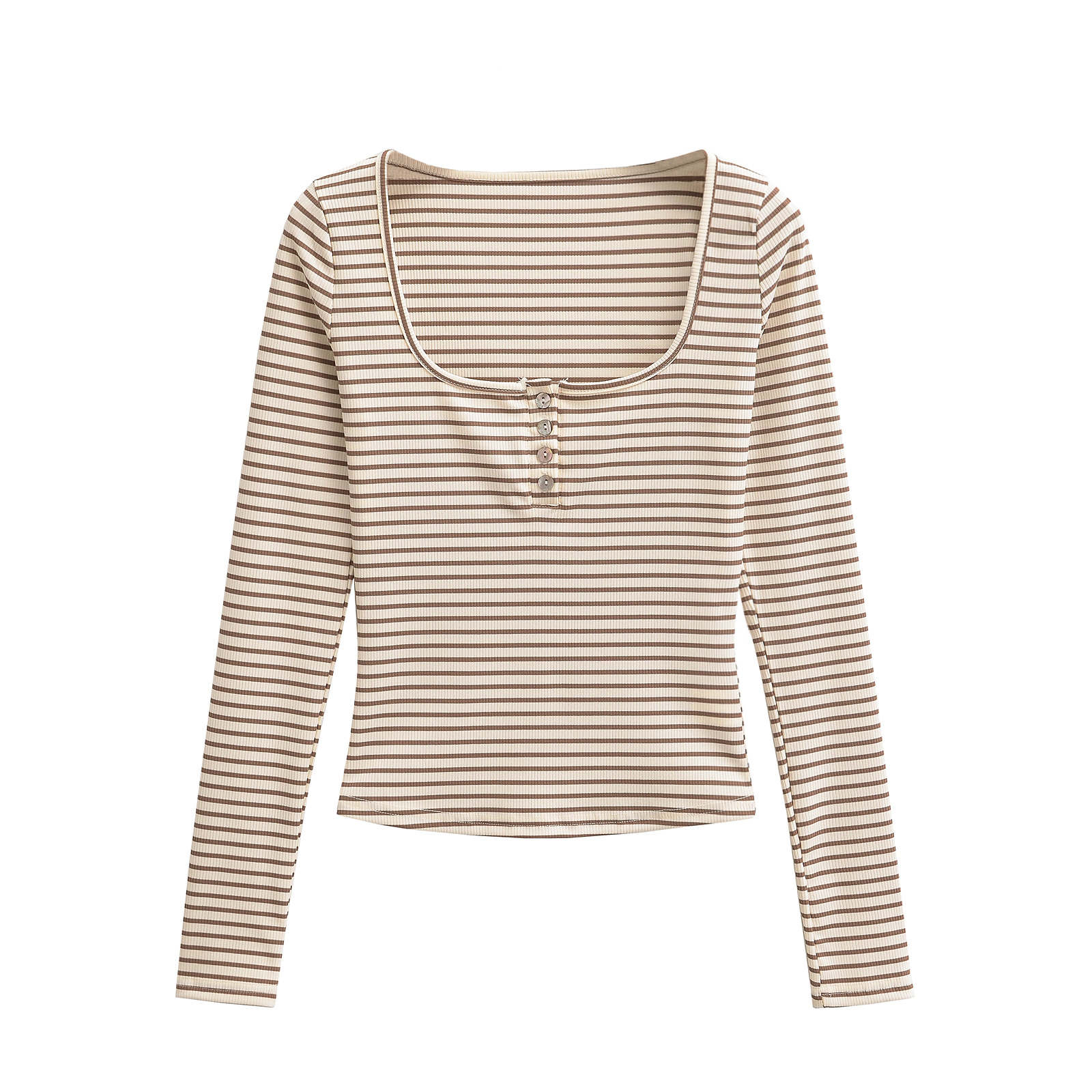 Wimdaily Long Sleeve Top Striped Casual Shirts & Blouses Women Front Button Square Neck Top Sexy Crop Tops For Women Kawaii Fall Clothes