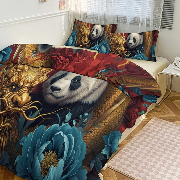 3-Piece Bedding Set (1 Duvet Cover + 2 Pillow Shams) GOLDEN DRAGON PANDA  customized, personalized, gift