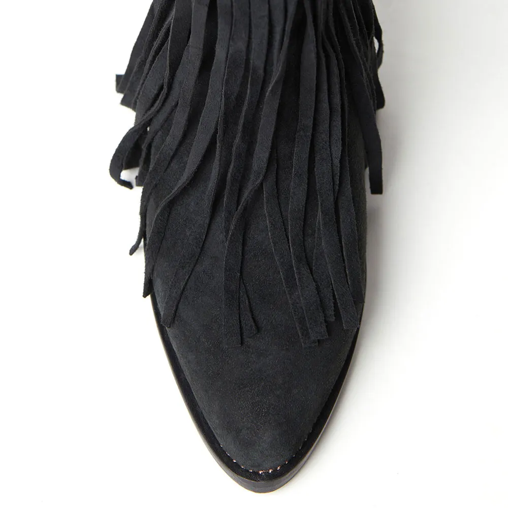 Black Vegan Suede Closed-Toe V-Cut Chunky Heel Fringe Booties