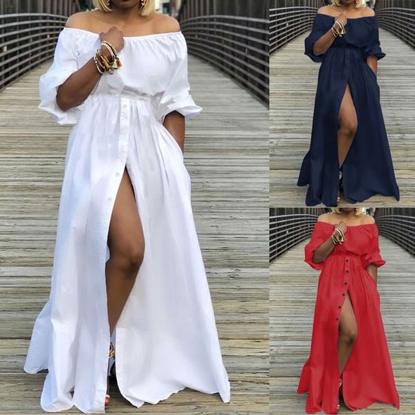 Womens Fashion Off The Shoulder Elegant Long Dress Halff Lantern Sleeve Buttons Slit Party Casual Maxi Dresses Plus Size - BlackFridayBuys