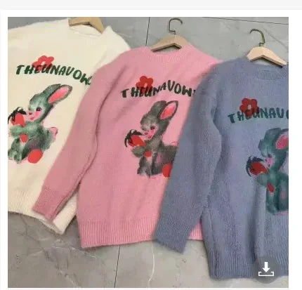 Nncharge Korean Women Sweater Streetwear Autumn Cotton Casual Cartoon Rabbit Sweater Furry Bunny Knitted Sweater Harajuku Pullover