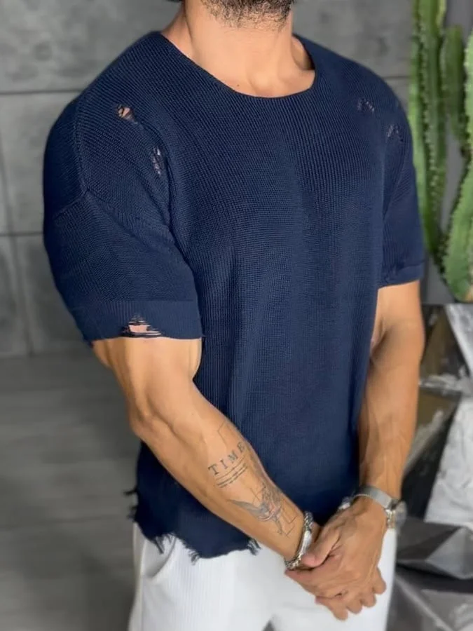 Men'S Casual Fashion Knitted Ripped Round Neck Short-Sleeved T-Shirt 