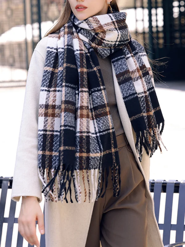 Women's Plaid Pattern Fringed Warm Winter Casual Scarf