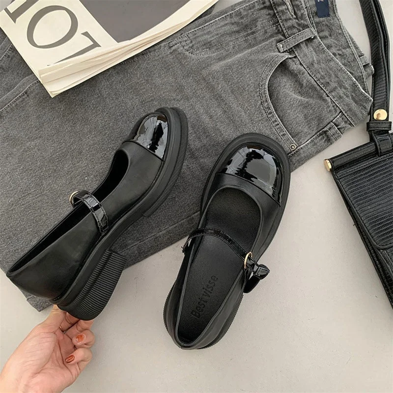 2022 Designer Women Mary Jane Shoes Spring Leahter Shoes Fashion Buckle Shallow Female Round Toe Mid Heel Elegant Woman Pumps