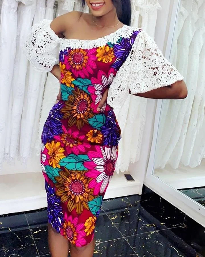 Floral Print Crochet Lace Bodycon Dress