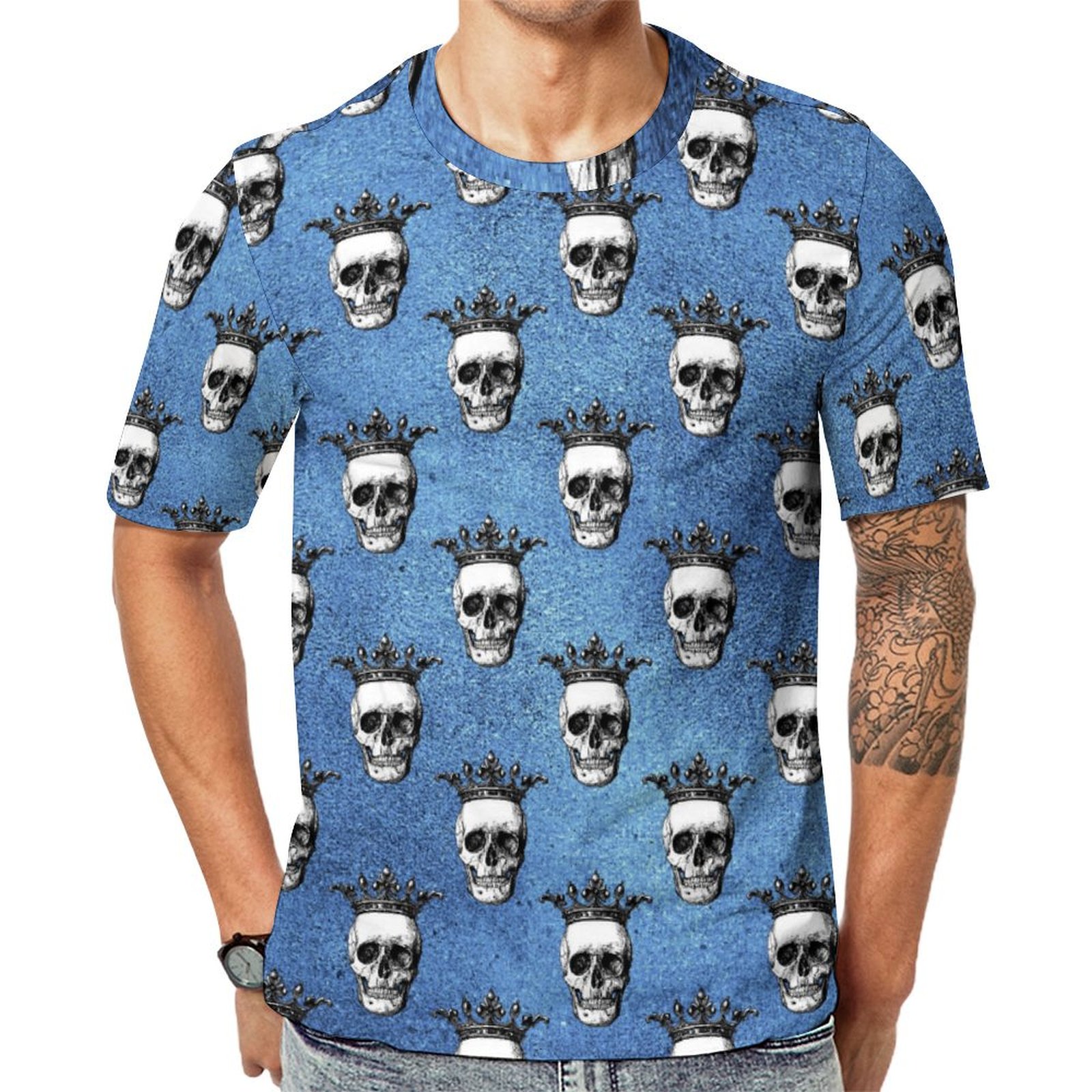 Gothic Blue Skull With Crown Short Sleeve Print Unisex Tshirt Summer Casual Tees for Men and Women Coolcoshirts