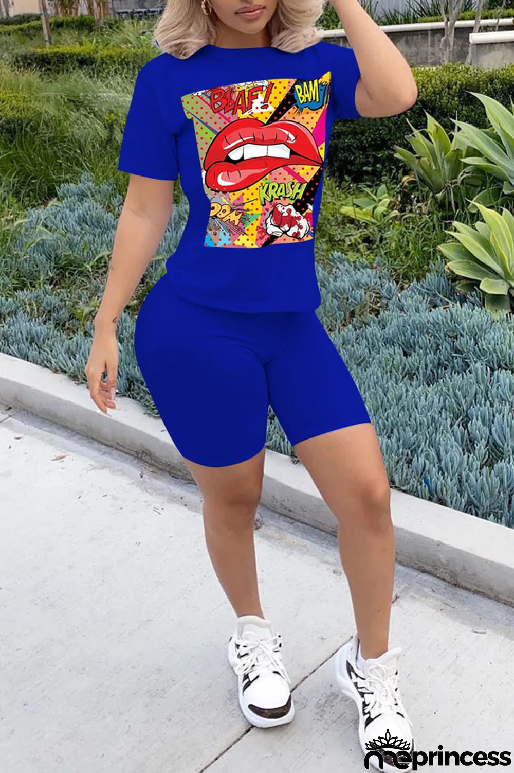 Orange Casual Letter Print Split Joint O Neck Short Sleeve Two Pieces