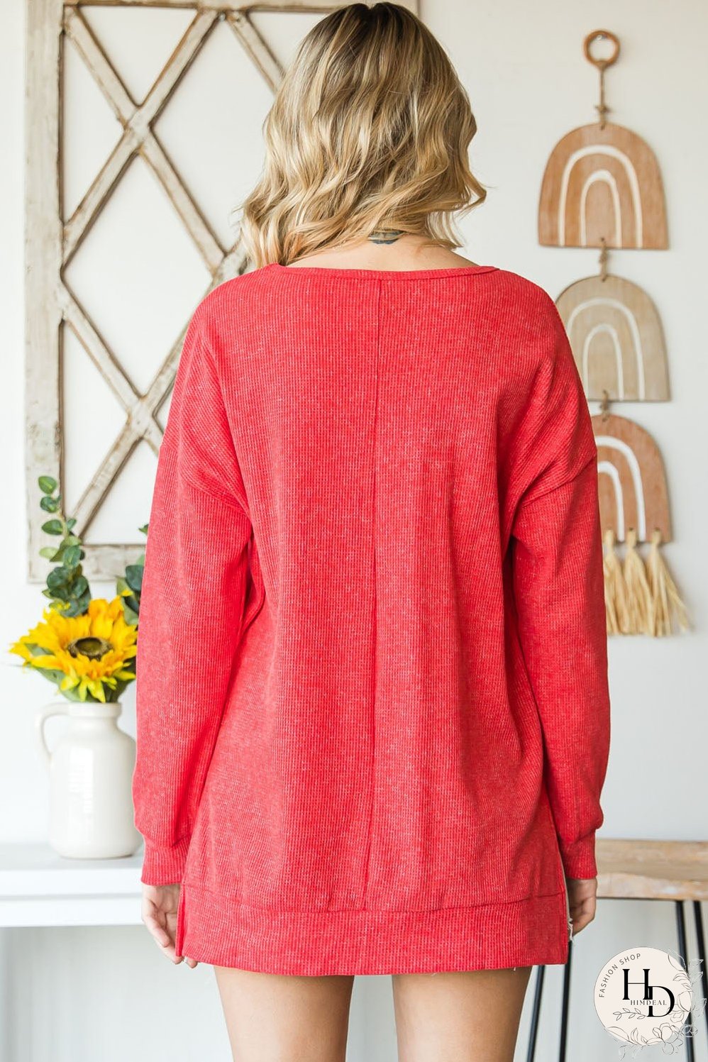 Washed Red Waffle Knit Side Slit Long Sleeve Top
