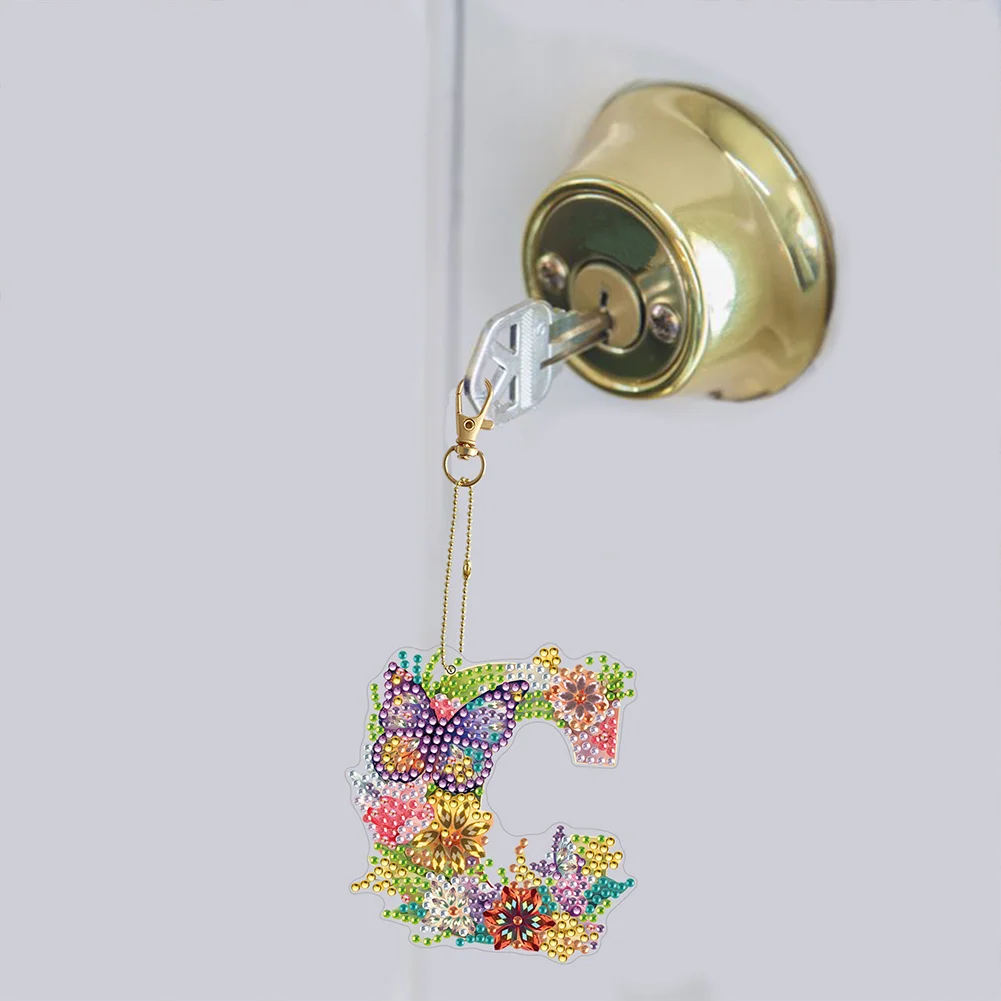 DIY C Diamond Art Key Rings Lettter Keychain Supplies Gift for Kids(Double Sided)