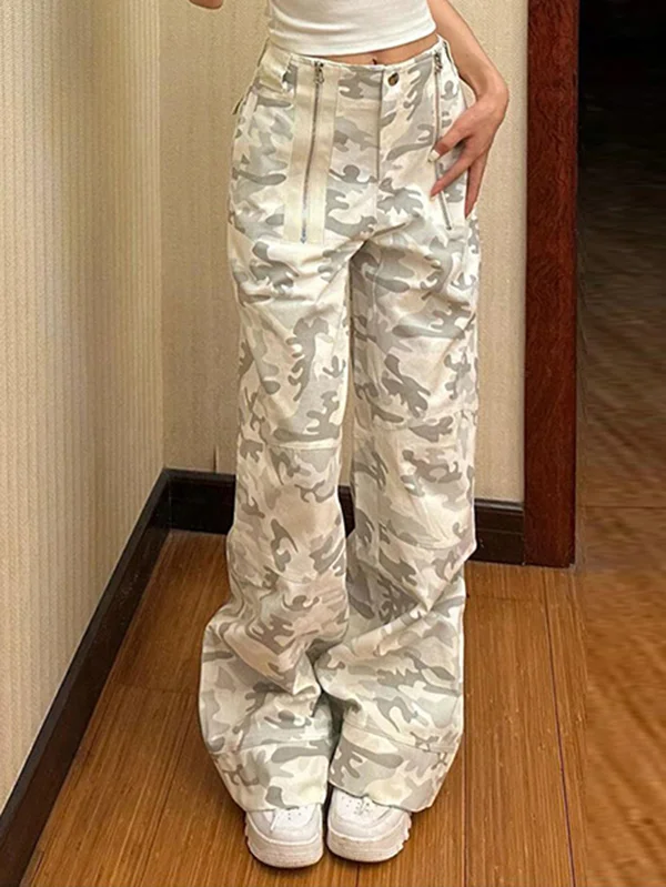 Wide Leg Camouflage High-Waisted Split-Joint Zipper Pants Trousers