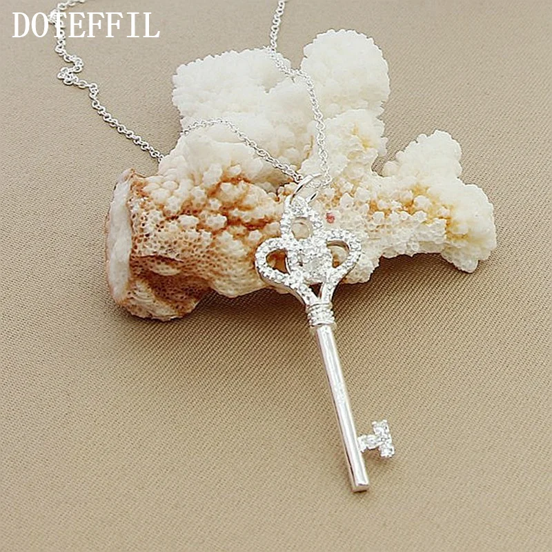 DOTEFFIL 925 Sterling Silver AAA Zircon Flower Key Pendant Necklace 18 Inch Chain For Woman Jewelry