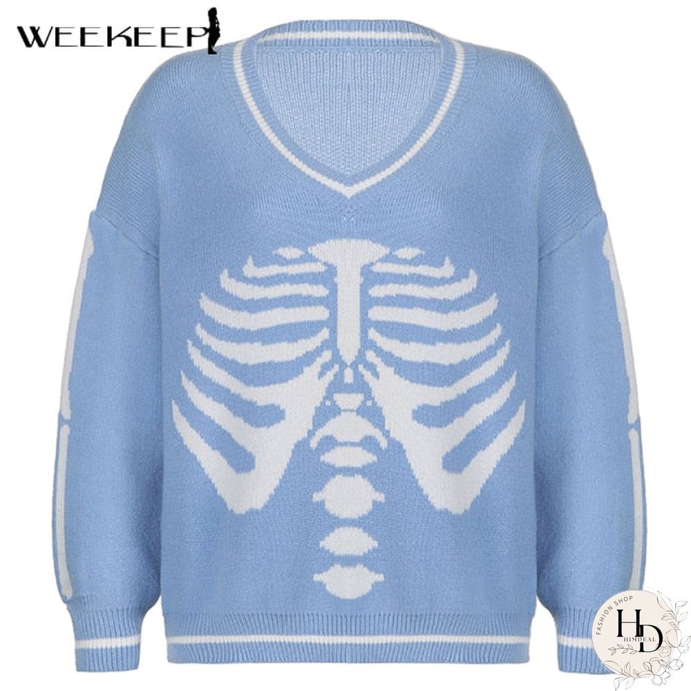 Weekeep Y2K Chic Print Streetwear Oversized Sweater Women's Casual Autumn Winter Knitted Jumper Fashion Loose Knitwear Pullovers