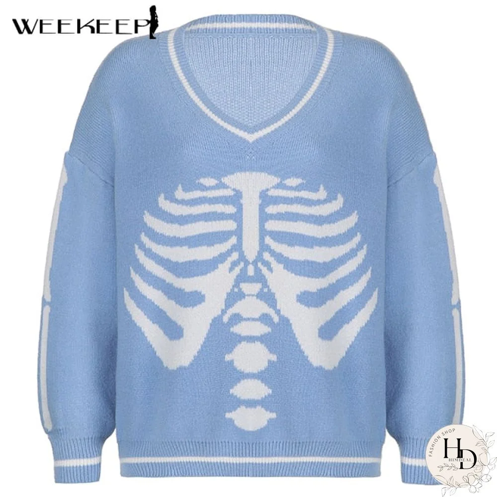 Weekeep Y2K Chic Print Streetwear Oversized Sweater Women's Casual Autumn Winter Knitted Jumper Fashion Loose Knitwear Pullovers