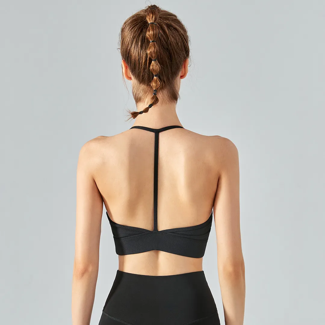 Different types of women's t letter back thin straps halter sports bra with removable cups online shopping on Hergymclothing