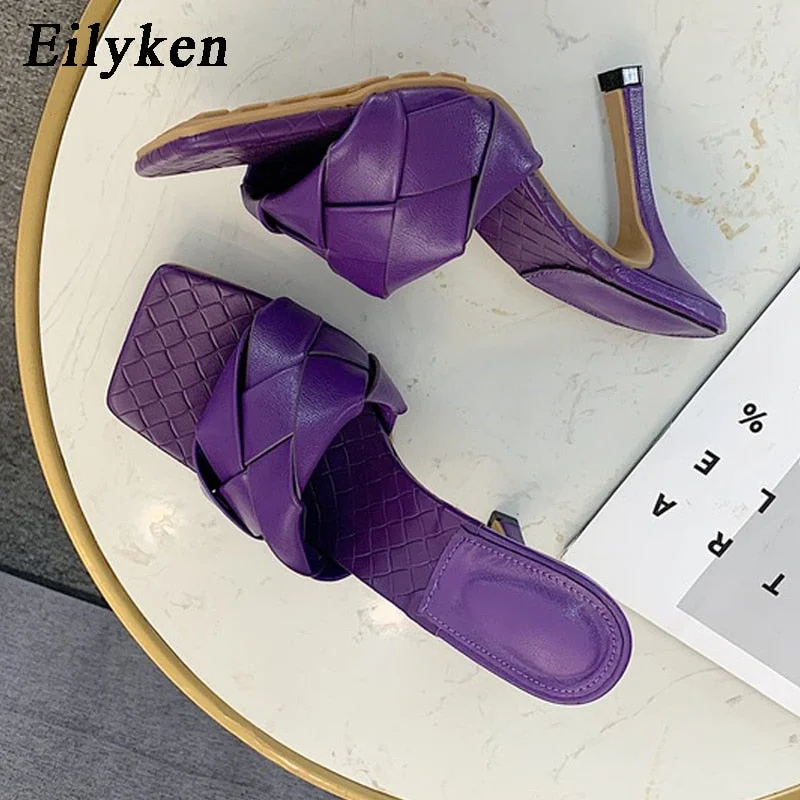 Eilyken Summer New Design Weave Square Toe Heels High Quality PU Leather Slippers Gladiator Beach Womens Sandal Slides Shoes