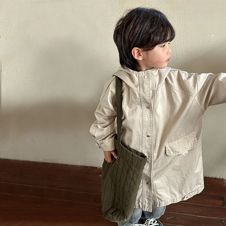 Toddler Long-style Earthy Solid Color Hooded Coat