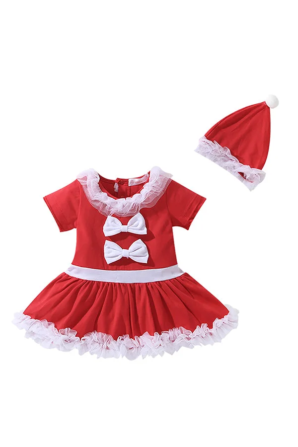Cute Kids Girls Short Sleeve Bowknot Dress Christmas Santa Claus Costume-elleschic