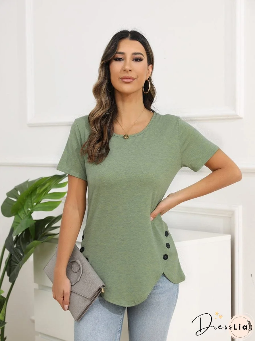 Irregular Button Short Sleeve Round Neck T-Shirt