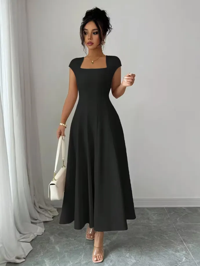💃Women's Solid-Color Square-Neck A-Line Midi Dress